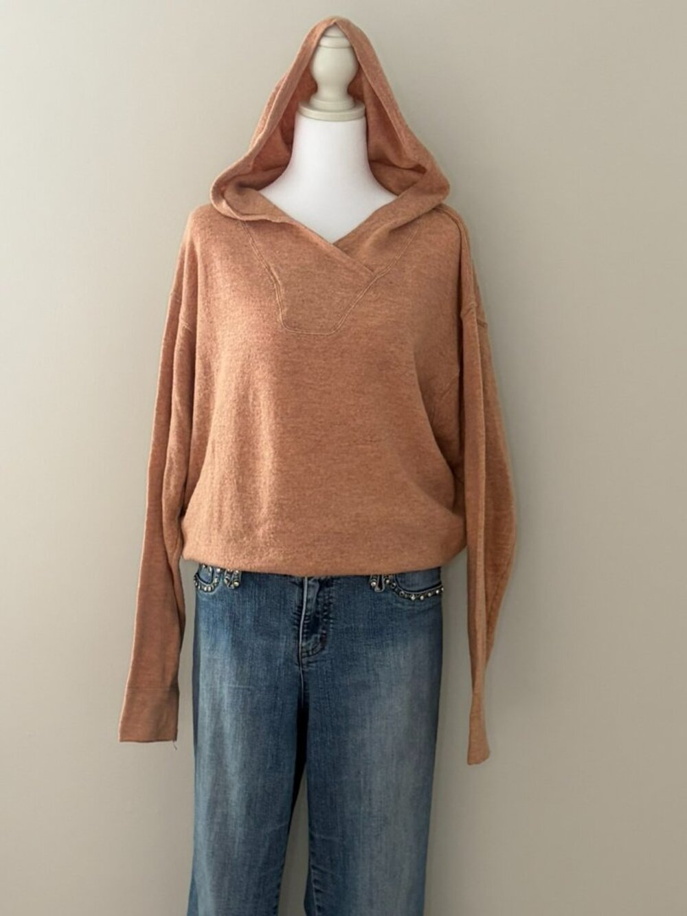 Vintage Esprit Lambswool Blend Hooded Sweater M Dusty Rose Drop Shoulder Knit